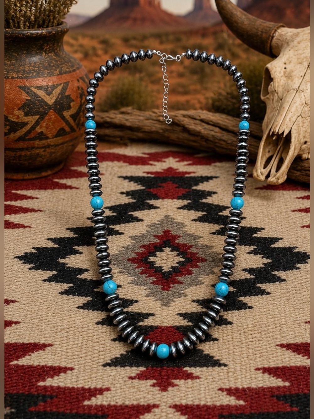 Southwest FAUX Saucer Navajo Pearl Faux Turquoise Beaded Costume Necklace